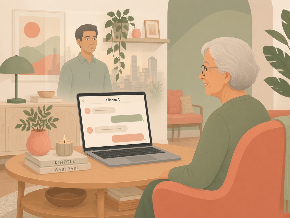 An older woman speaking to Silence AI on a laptop, while her son monitors care from afar behind the screen